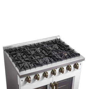 FORNO - Galiano 36-inch French Door Gas Range White and Antique Brass Design, 6 Sealed Burners 83,000 BTU, 5.36 cu.ft. Convection Oven