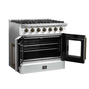 FORNO - Galiano 36-inch French Door Gas Range White and Antique Brass Design, 6 Sealed Burners 83,000 BTU, 5.36 cu.ft. Convection Oven