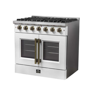FORNO - Galiano 36-inch French Door Gas Range White and Antique Brass Design, 6 Sealed Burners 83,000 BTU, 5.36 cu.ft. Convection Oven