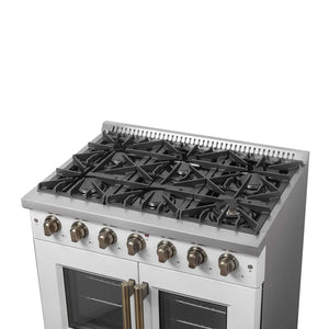FORNO - Galiano 36-inch French Door Gas Range White and Antique Brass Design, 6 Sealed Burners 83,000 BTU, 5.36 cu.ft. Convection Oven