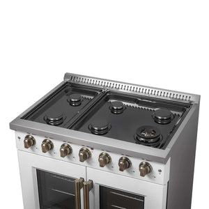 FORNO - Galiano 36-inch French Door Gas Range White and Antique Brass Design, 6 Sealed Burners 83,000 BTU, 5.36 cu.ft. Convection Oven