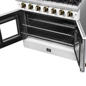 FORNO - Galiano 36-inch French Door Gas Range White and Antique Brass Design, 6 Sealed Burners 83,000 BTU, 5.36 cu.ft. Convection Oven