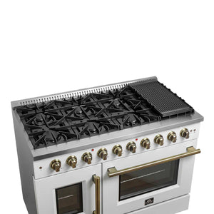 FORNO - Galiano 48-Inch Freestanding French Door Gas Range, White & Antique Brass