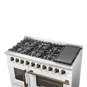 FORNO - Galiano 48-Inch Freestanding French Door Gas Range, White & Antique Brass
