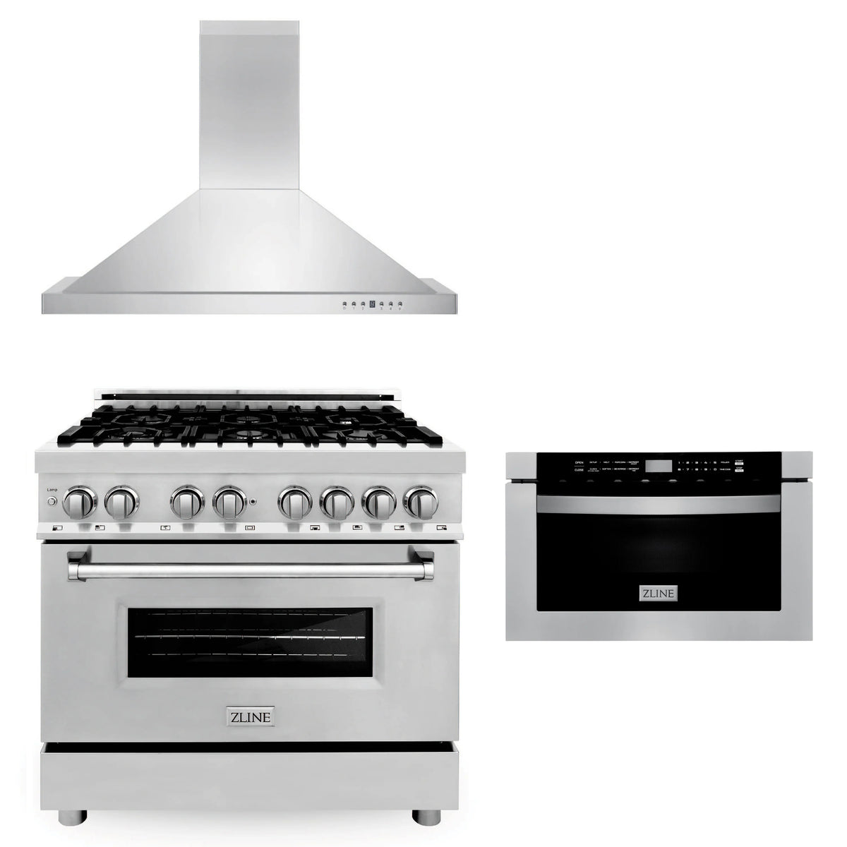 ZLINE - 36&quot; Kitchen Package with Stainless Steel Dual Fuel Range, Convertible Vent Range Hood and Microwave Drawer