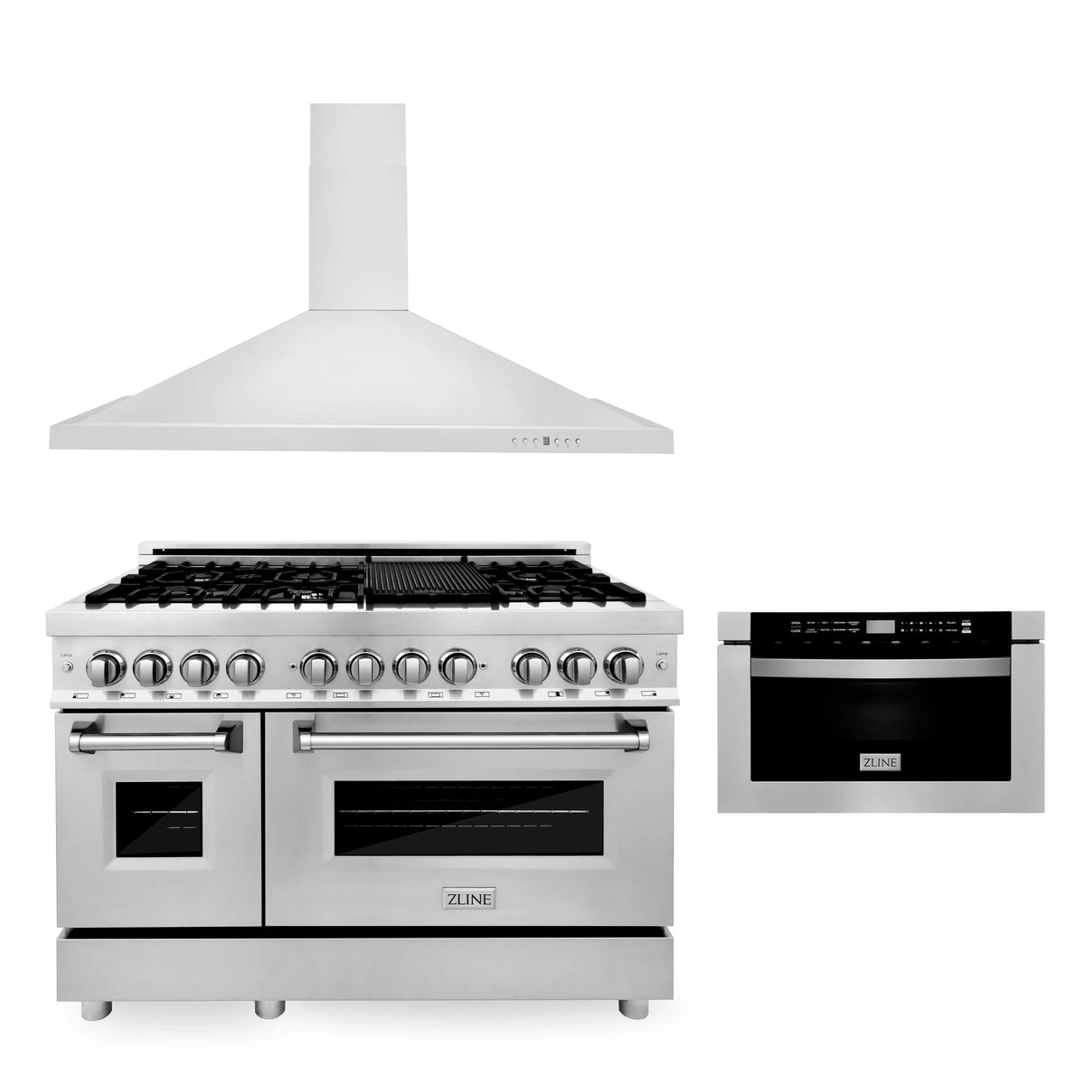 ZLINE - 48&quot; Kitchen Package with Stainless Steel Dual Fuel Range, Convertible Vent Range Hood and Microwave Drawer