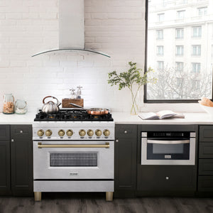 ZLINE - Autograph Edition 36 in. 4.6 cu. ft. Legacy Dual Fuel Range with 6 Burner Gas Cooktop and Electric Convection Oven in Satin Stainless Steel and Champagne Bronze Accents