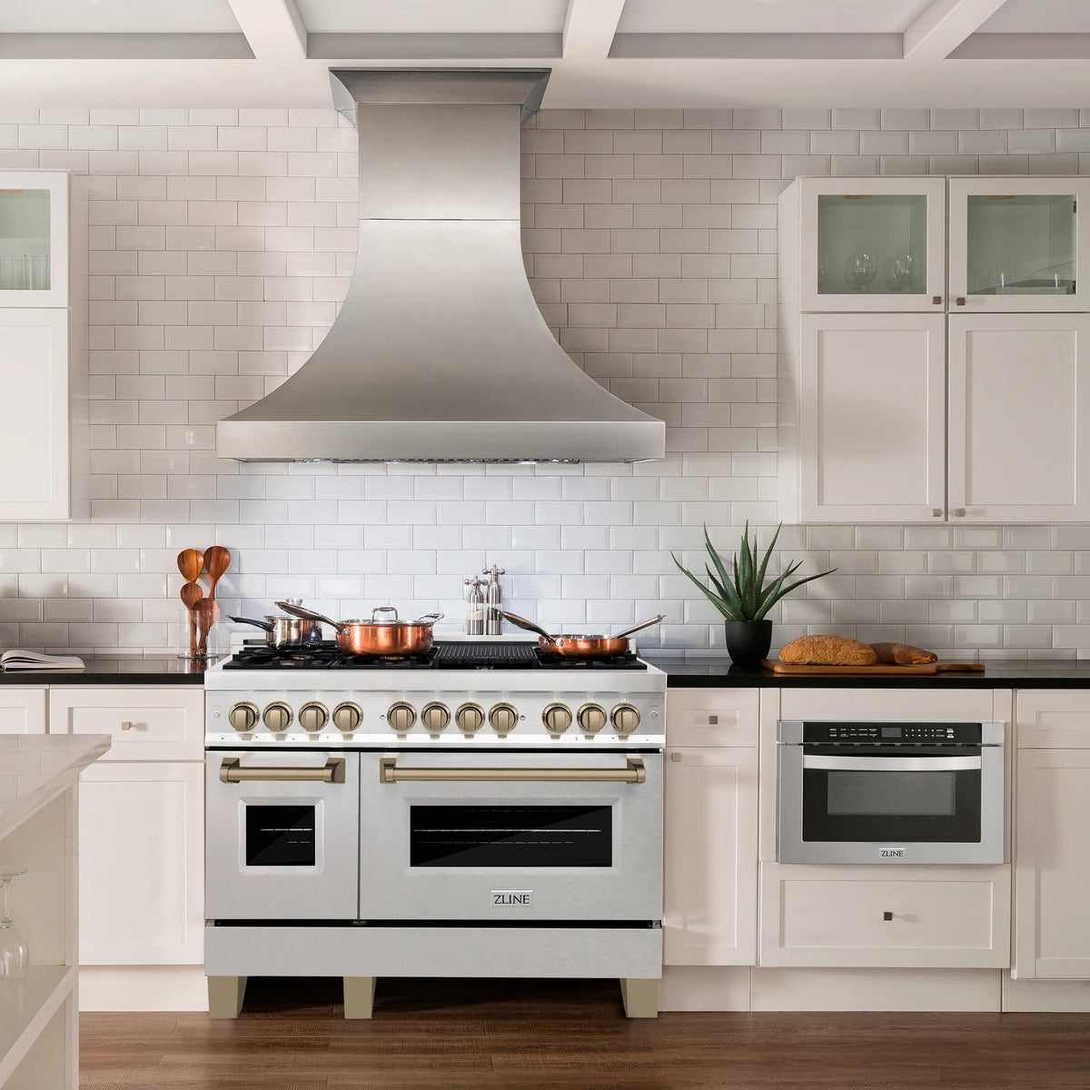 ZLINE - Autograph Edition 48 in. 6.0 cu. ft. Legacy Dual Fuel Range with 7 Burner Gas Cooktop and 2 Electric Ovens in Satin Stainless Steel and Champagne Bronze Accents