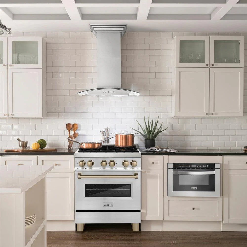 ZLINE - Autograph Edition 30 in. 4.0 cu. ft. Legacy Dual Fuel Range with 4 Burner Gas Cooktop and Electric Convection Oven in Stainless Steel and Champagne Bronze Accents