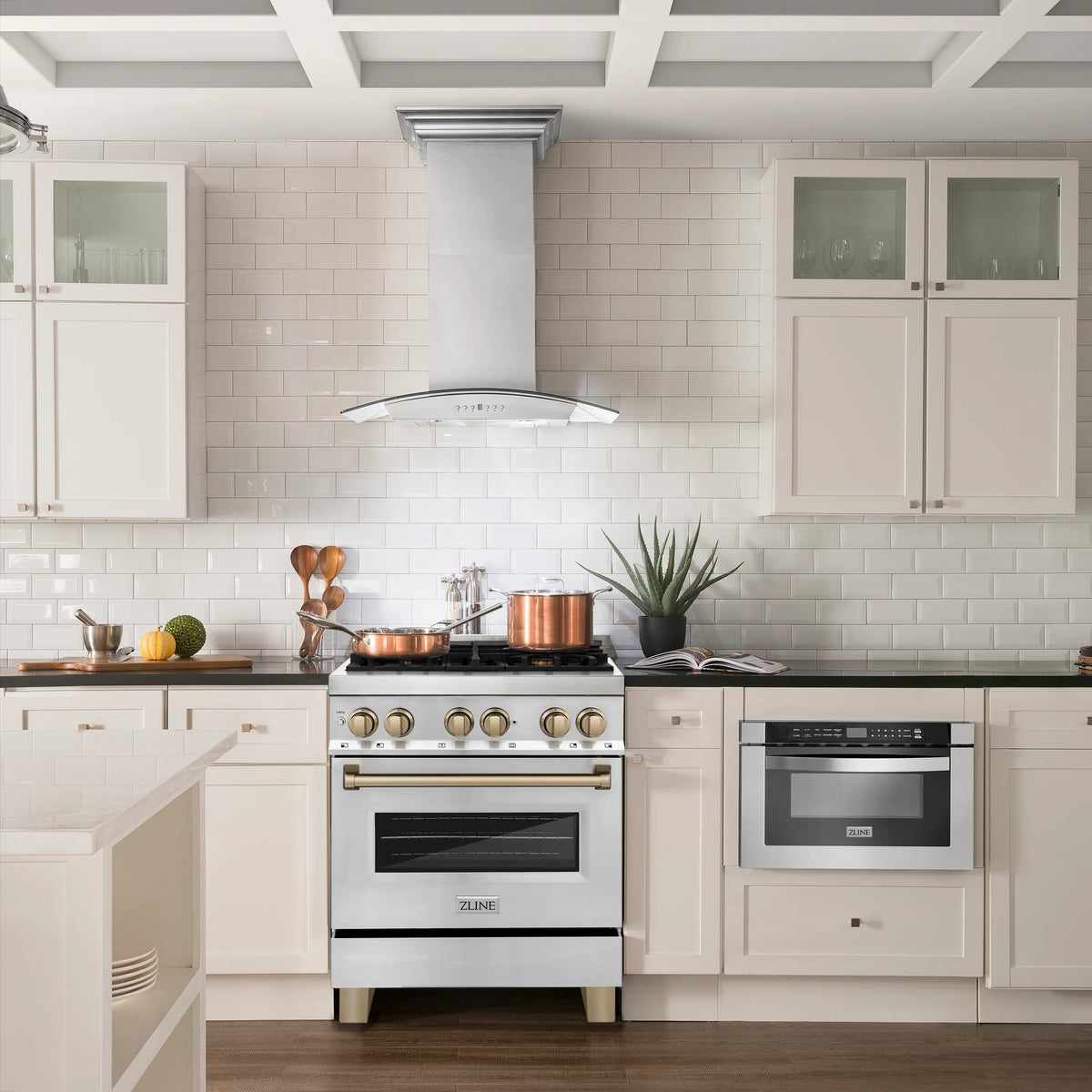 ZLINE - 30&quot; Autograph Edition Kitchen Package, Stainless Steel Dual Fuel Range, Range Hood, Dishwasher, Refrigeration, Champagne Bronze Accents