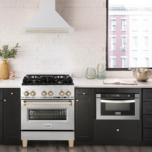 ZLINE 30" Autograph Edition Kitchen Package with Stainless Steel Dual Fuel Range, Range Hood, Dishwasher and Refrigeration with Gold Accents