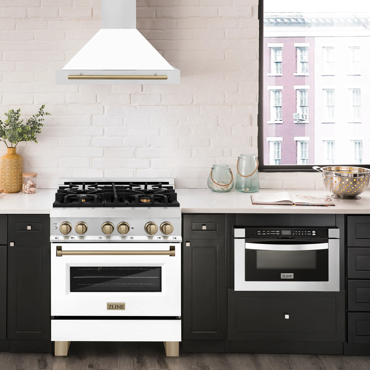 ZLINE - 30 in. Autograph Edition Convertible Stainless Steel Range Hood with White Matte Shell and Champagne Bronze Accents (KB4STZ-WM30-CB)