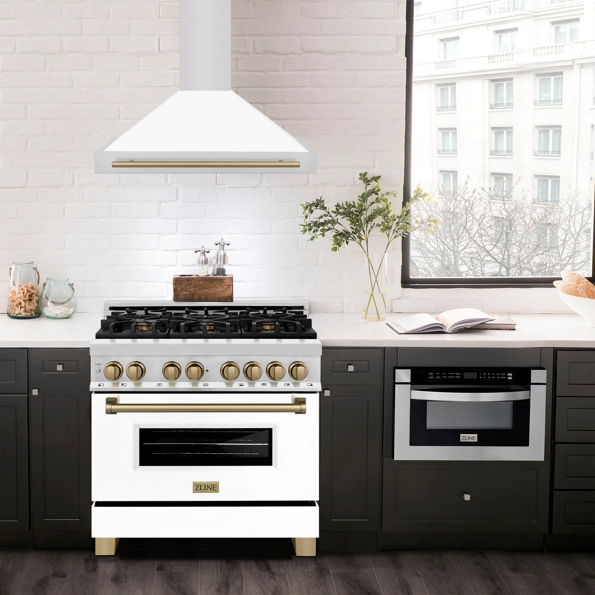 ZLINE - 36 in. Autograph Edition Convertible Stainless Steel Range Hood with White Matte Shell and Champagne Bronze Accents (KB4STZ-WM36-CB)