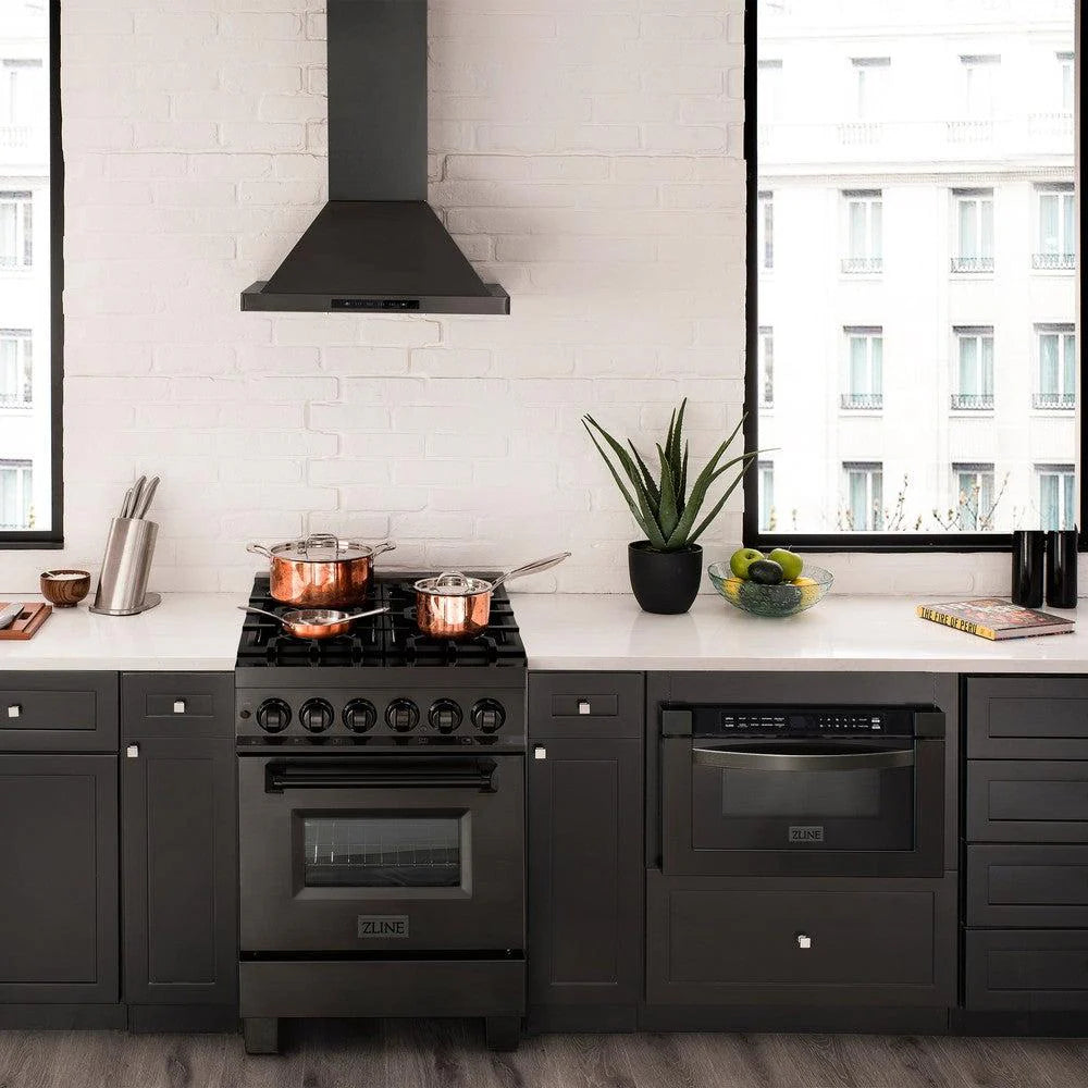 ZLINE - 24 in. 2.8 cu. ft. Legacy Dual Fuel Range with Gas Cooktop and Electric Convection Oven in Black Stainless Steel with 4 Brass Burners