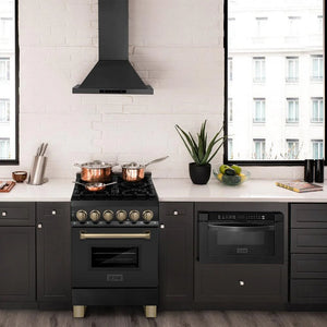 ZLINE - Autograph Edition 24 in. 2.8 cu. ft. Legacy Dual Fuel Range with 4 Burner Gas Cooktop and Electric Convection Oven in Black Stainless Steel and Champagne Bronze Accents