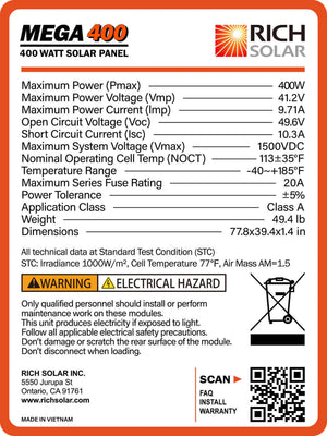 RICH SOLAR - MEGA 400 Watt Solar Panel 8,10,12 Pack