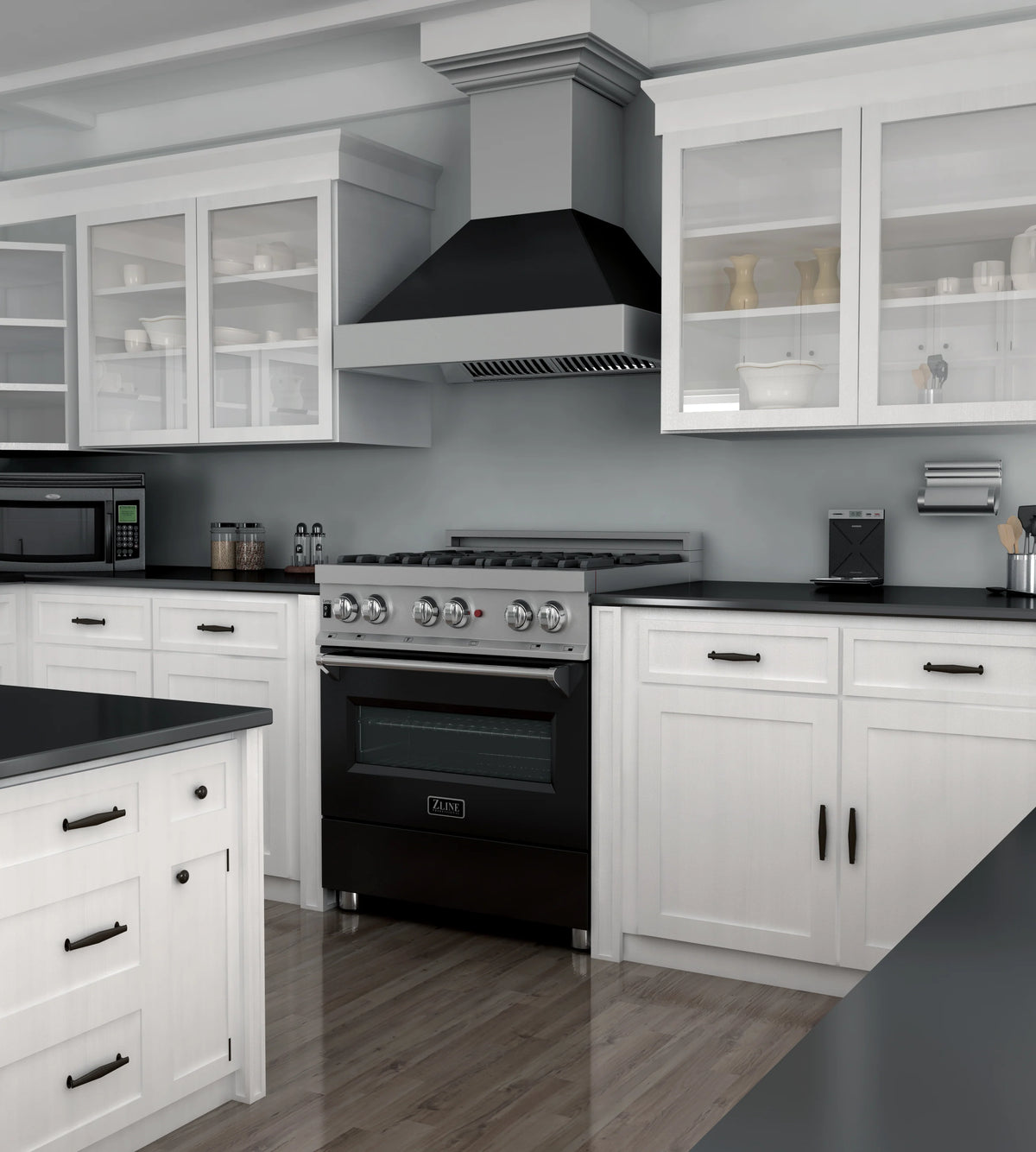 ZLINE - 30&quot; 4.0 cu. ft. Dual Fuel Range with Gas Stove and Electric Oven in Fingerprint Resistant Stainless Steel and Black Matte Door (RAS-BLM-30)