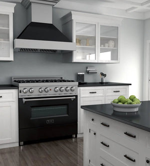 ZLINE - 36 in. 4.6 cu. ft. Legacy Dual Fuel Range with 6 Burner Gas Cooktop and Electric Convection Oven in Satin Stainless Steel and Black Matte Door