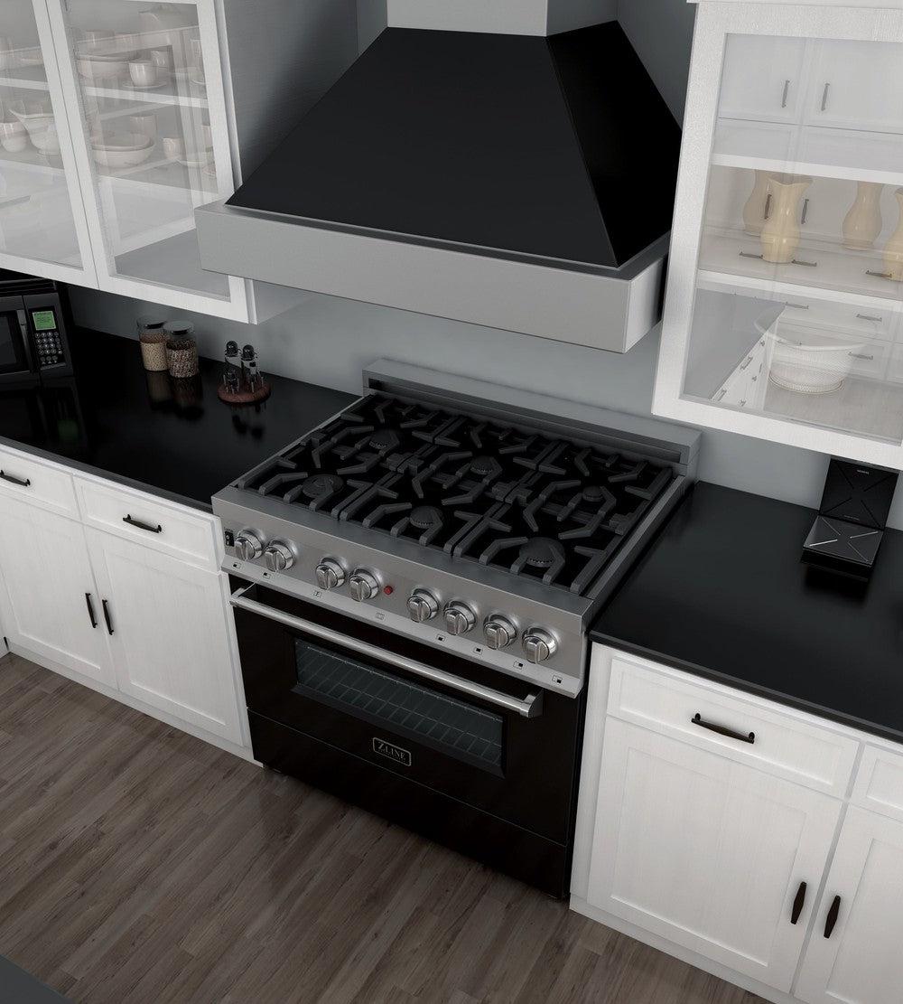 ZLINE - 36 in. 4.6 cu. ft. Legacy Dual Fuel Range with 6 Burner Gas Cooktop and Electric Convection Oven in Satin Stainless Steel and Black Matte Door