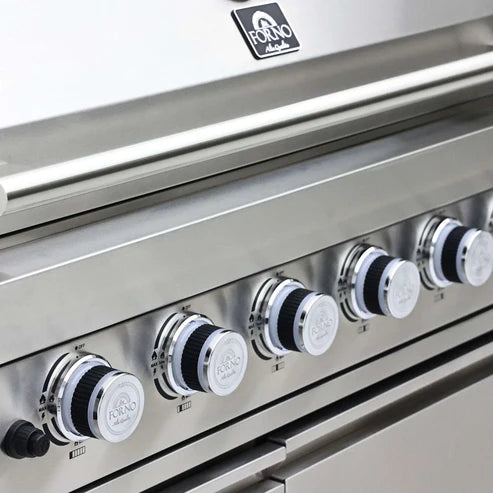 FORNO - Bulnes 40-Inch BBQ, 95,000 BTU, 5 Burners, Sear &amp; Rotisserie Infrared with Side Burner, Stainless Steel Outdoor Kitchen with 1.8 cu.ft. Beverage Center &amp; White Sintered Stone Countertops