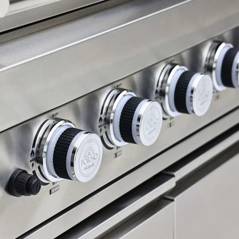 FORNO - Bulnes 40-Inch BBQ, 95,000 BTU, 5 Burners, Sear &amp; Rotisserie Infrared with Side Burner, Stainless Steel Outdoor Kitchen with 1.8 cu.ft. Beverage Center &amp; White Sintered Stone Countertops