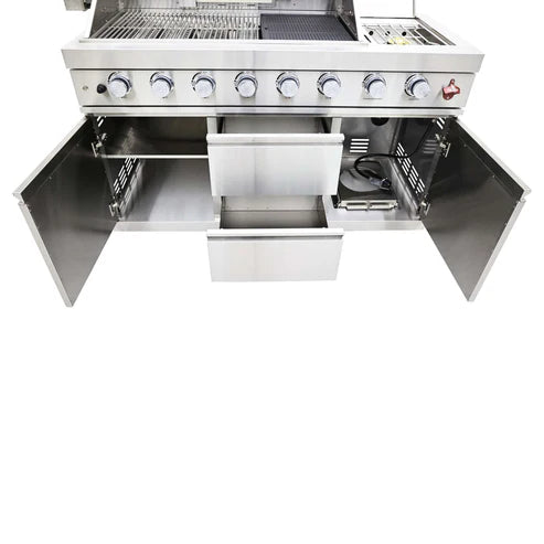 FORNO - Bulnes 40-Inch BBQ, 95,000 BTU, 5 Burners, Sear &amp; Rotisserie Infrared with Side Burner, Stainless Steel Outdoor Kitchen with 1.8 cu.ft. Beverage Center &amp; White Sintered Stone Countertops