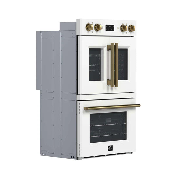 FORNO - Asti 30-Inch Double Electric Wall Oven with Upper French Doors in White &amp; Antique Brass, 7.36 cu. ft. Dual True Convection, 7,200W, Air Fry, Sous Vide, Self-Clean