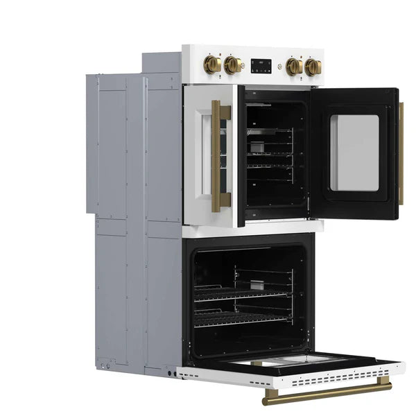 FORNO - Asti 30-Inch Double Electric Wall Oven with Upper French Doors in White &amp; Antique Brass, 7.36 cu. ft. Dual True Convection, 7,200W, Air Fry, Sous Vide, Self-Clean
