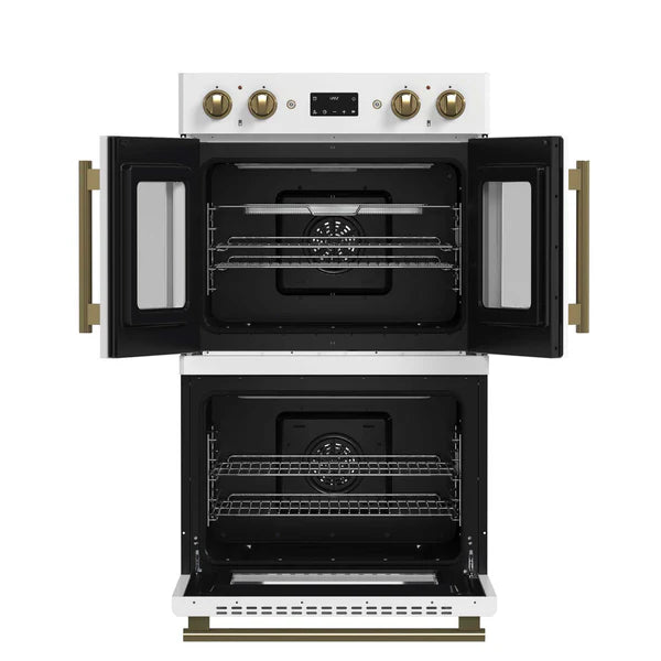 FORNO - Asti 30-Inch Double Electric Wall Oven with Upper French Doors in White &amp; Antique Brass, 7.36 cu. ft. Dual True Convection, 7,200W, Air Fry, Sous Vide, Self-Clean