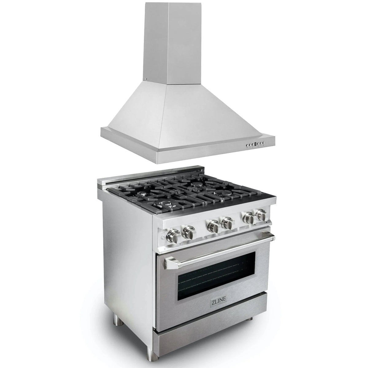 ZLINE - 30 in. Kitchen Package with Satin Stainless Steel Dual Fuel Range and Convertible Vent Range Hood