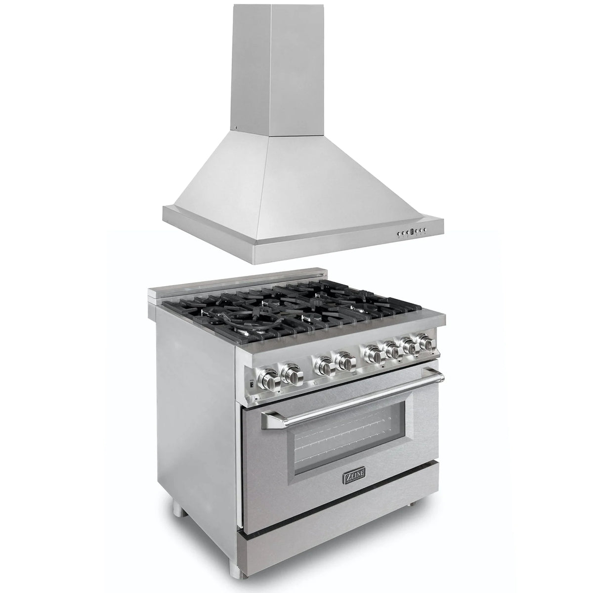 ZLINE - 36 in. Kitchen Package with Satin Stainless Steel Dual Fuel Range and Convertible Vent Range Hood