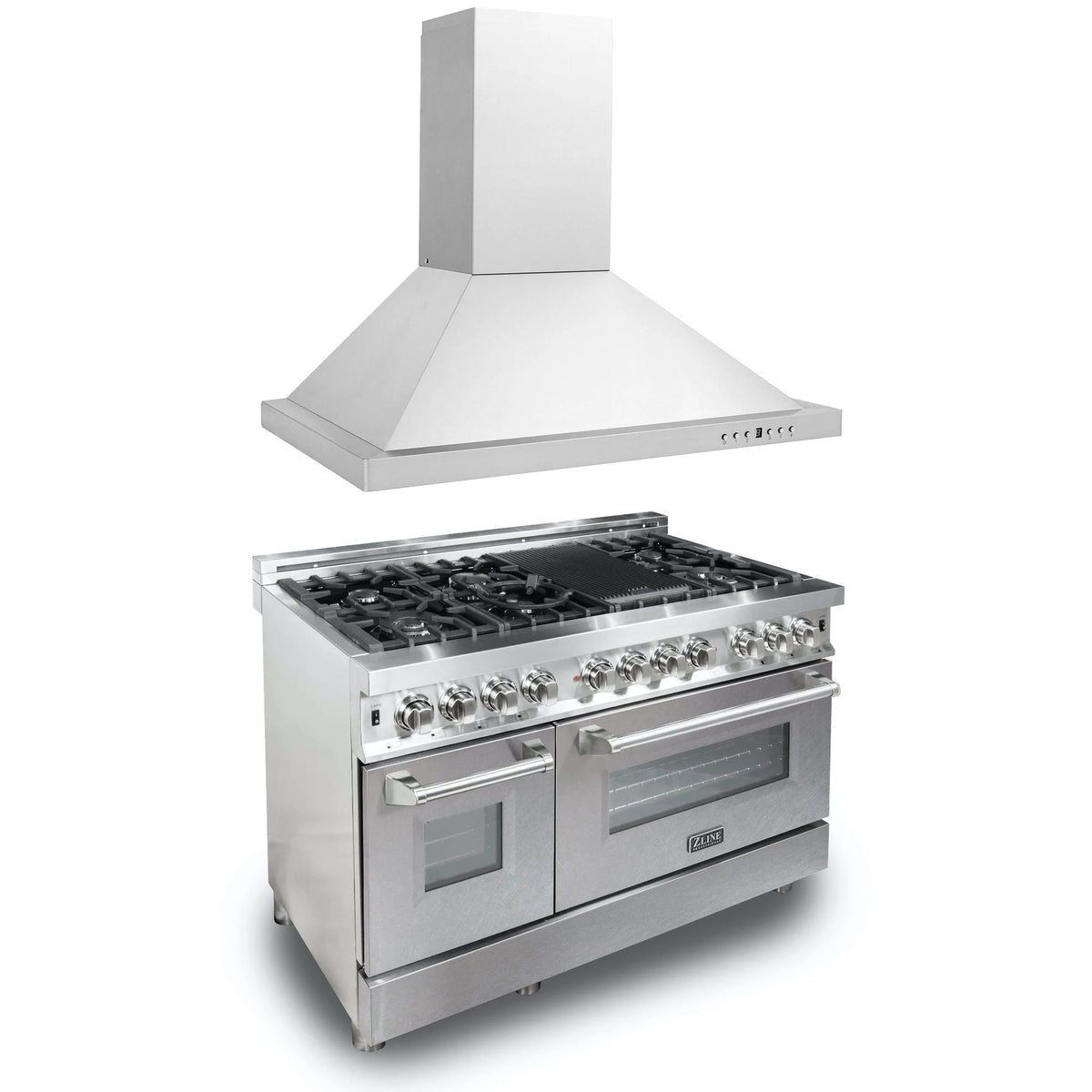 ZLINE - 48 in. Kitchen Package with Satin Stainless Steel Dual Fuel Range and Convertible Vent Range Hood