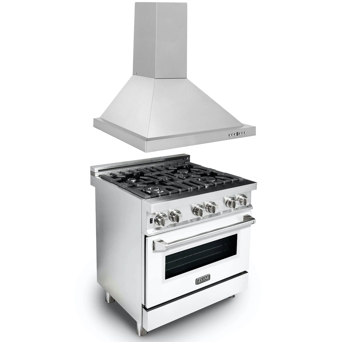 ZLINE - 30&quot; Kitchen Package with Stainless Steel Dual Fuel Range with White Matte Door and Convertible Vent Range Hood (2KP-RAWMRH30)