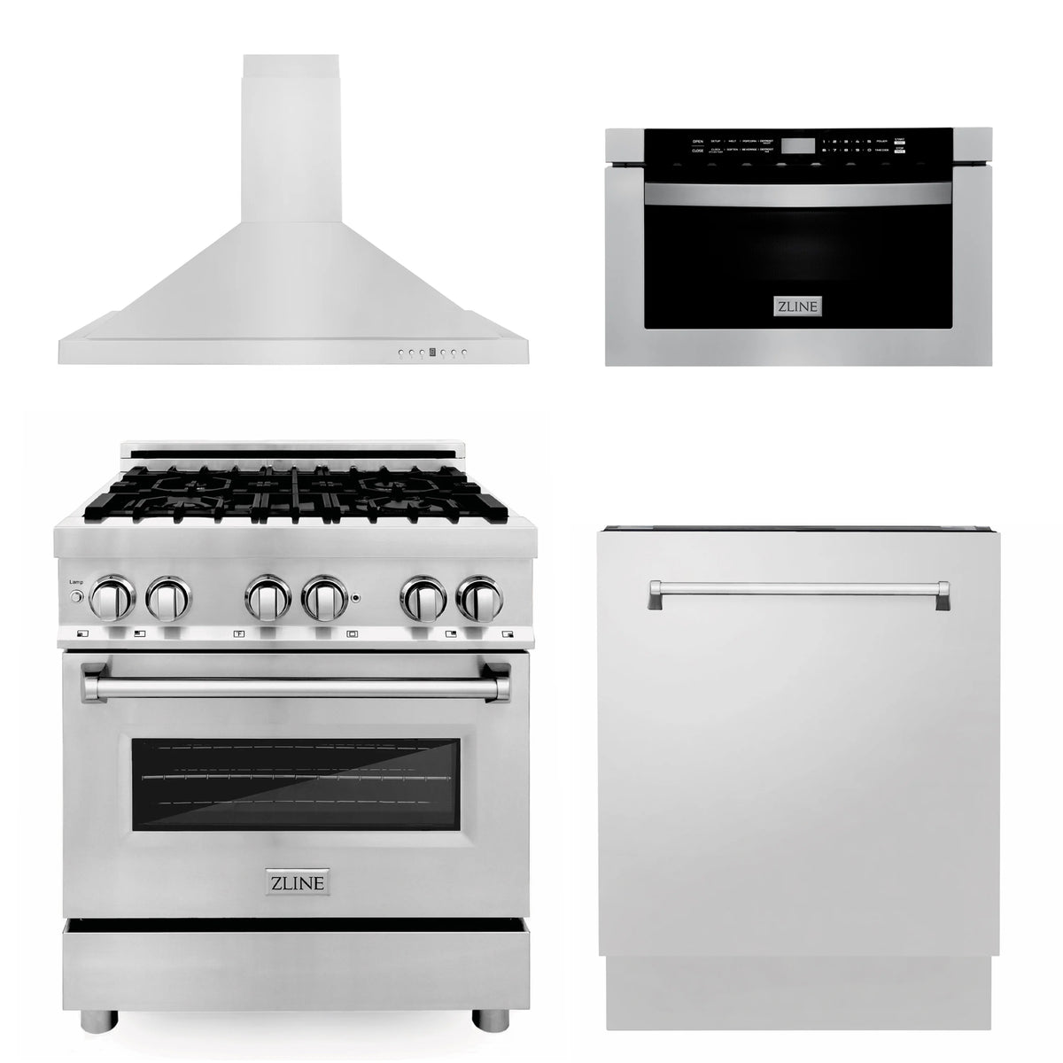 ZLINE - 30&quot; Kitchen Package with Stainless Steel Dual Fuel Range, Range Hood, Microwave Drawer and Tall Tub Dishwasher