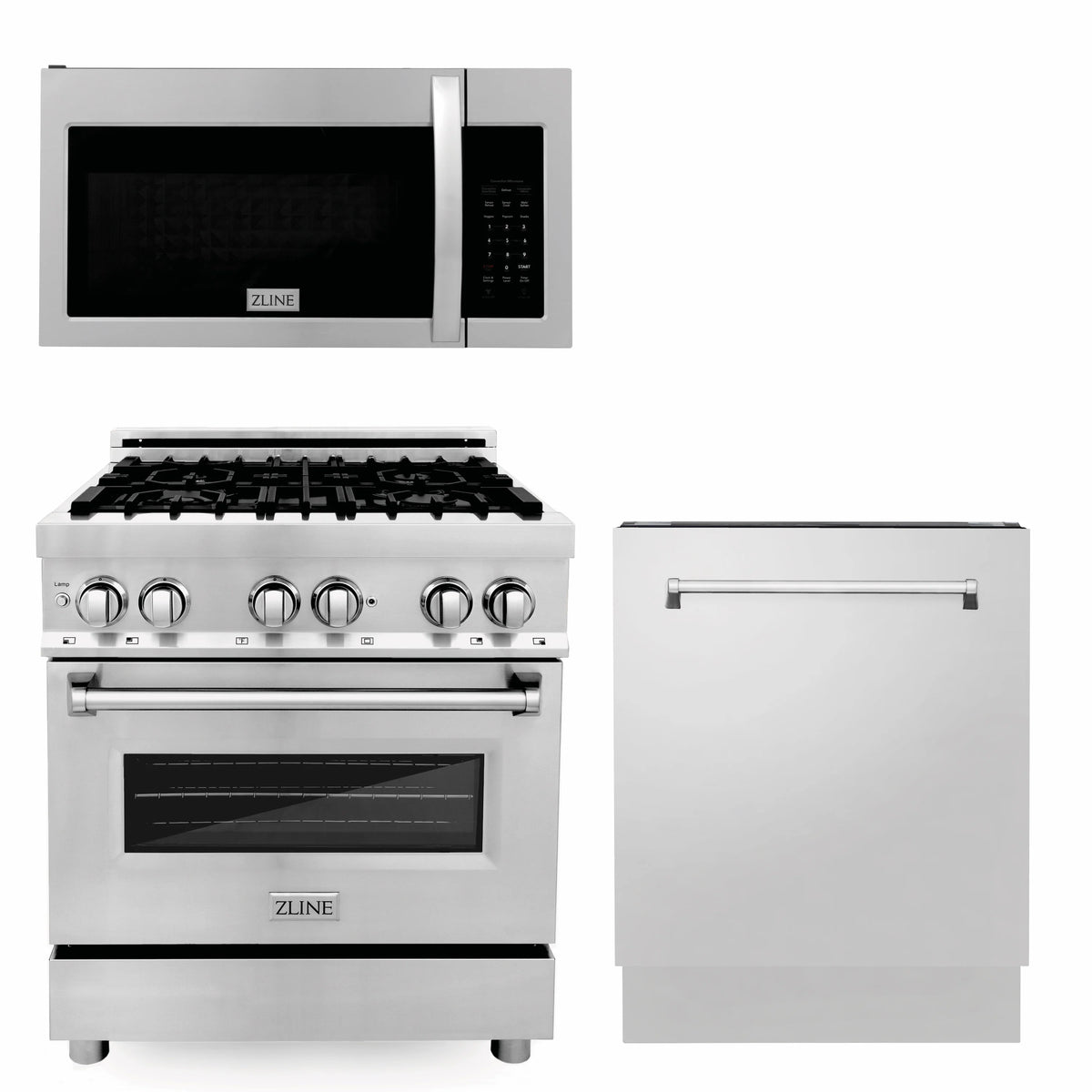ZLINE - 30&quot; Kitchen Package with Stainless Steel Dual Fuel Range, Modern Over The Range Microwave and Tall Tub Dishwasher