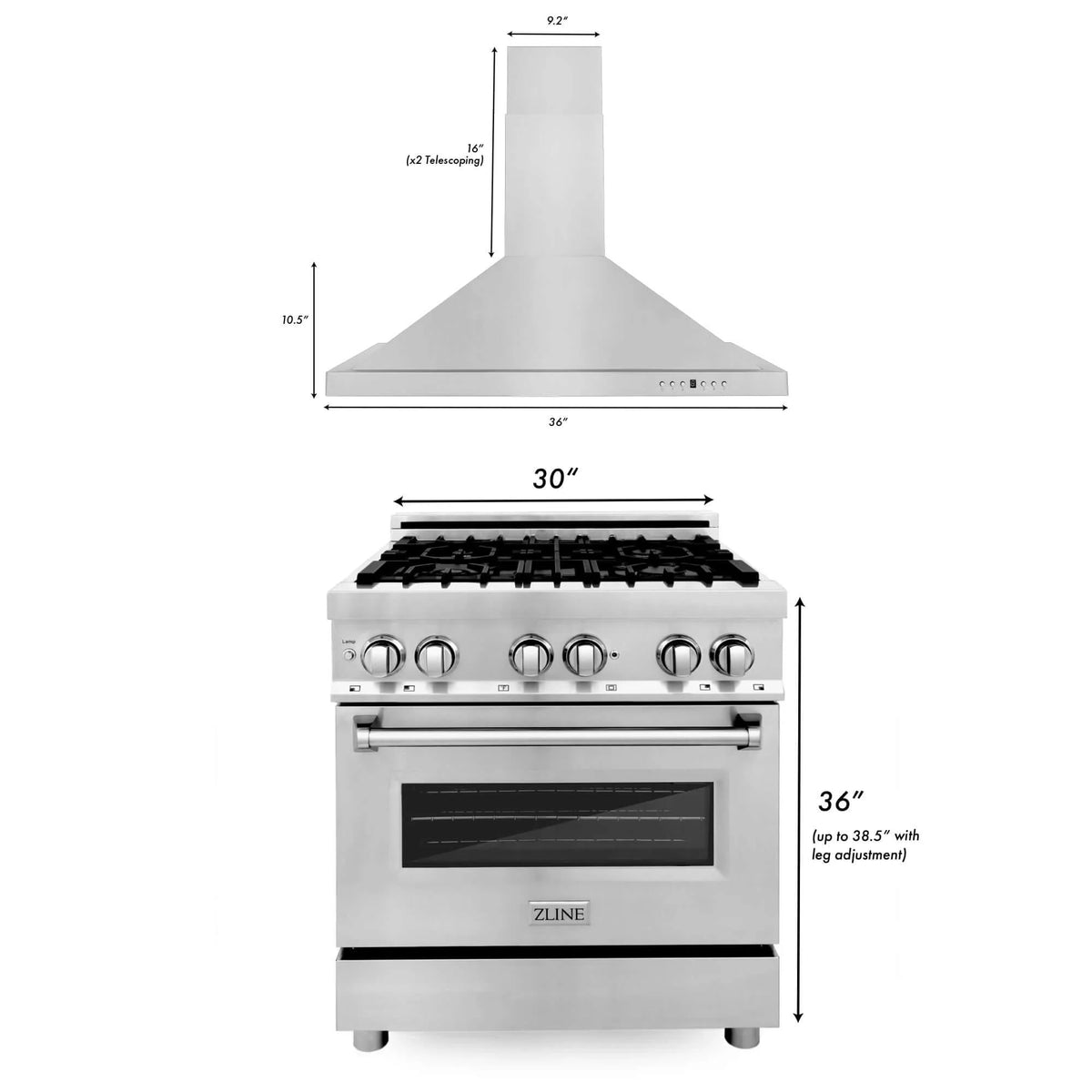 ZLINE - 30&quot; Kitchen Package with Stainless Steel Dual Fuel Range and Convertible Vent Range Hood (2KP-RARH30)