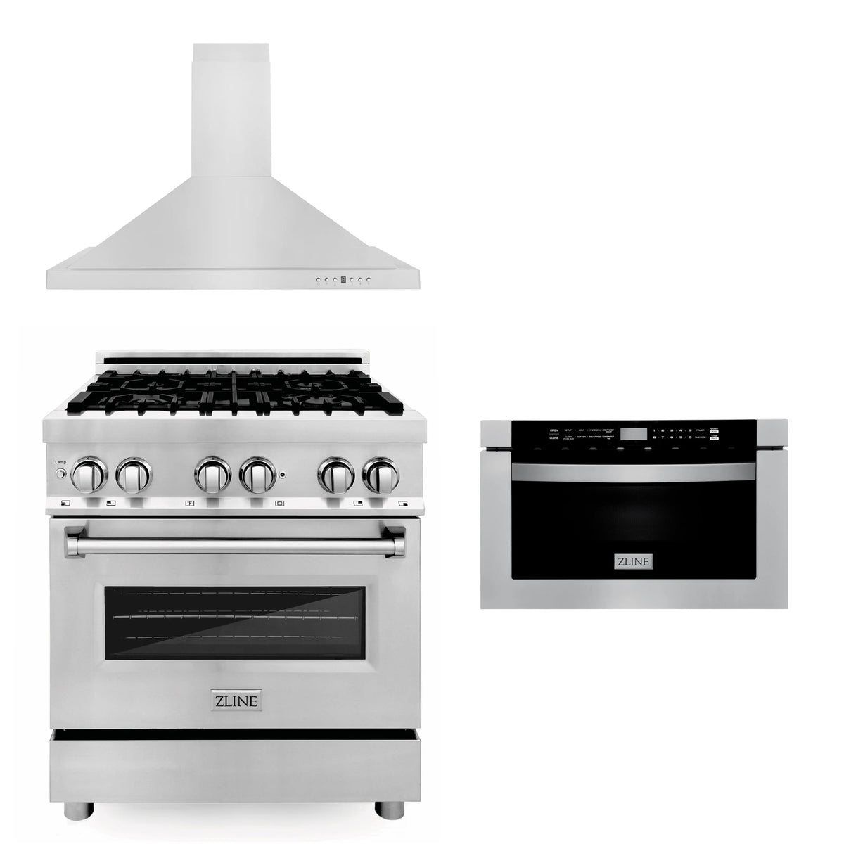 ZLINE - 30&quot; Kitchen Package with Stainless Steel Dual Fuel Range, Convertible Vent Range Hood and Microwave Drawer
