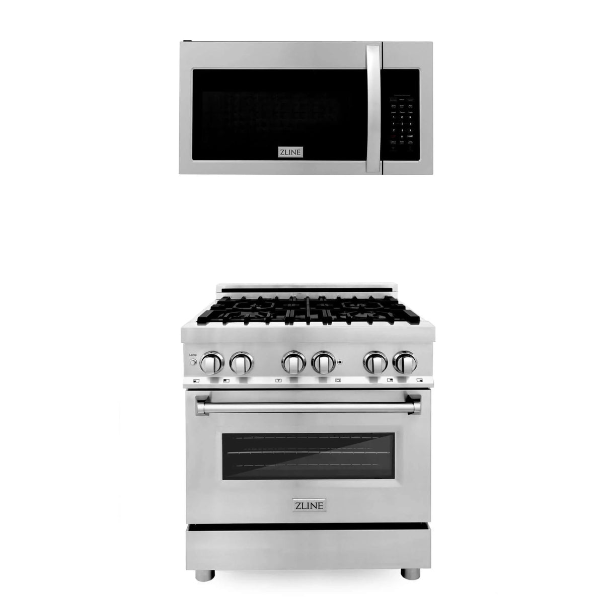 ZLINE - 30&quot; Kitchen Package with Stainless Steel Dual Fuel Range and Over The Range Microwave with Modern Handle