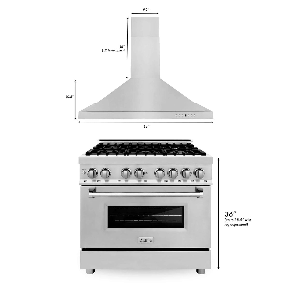 ZLINE - 36&quot; Kitchen Package with Stainless Steel Dual Fuel Range and Convertible Vent Range Hood (2KP-RARH36)