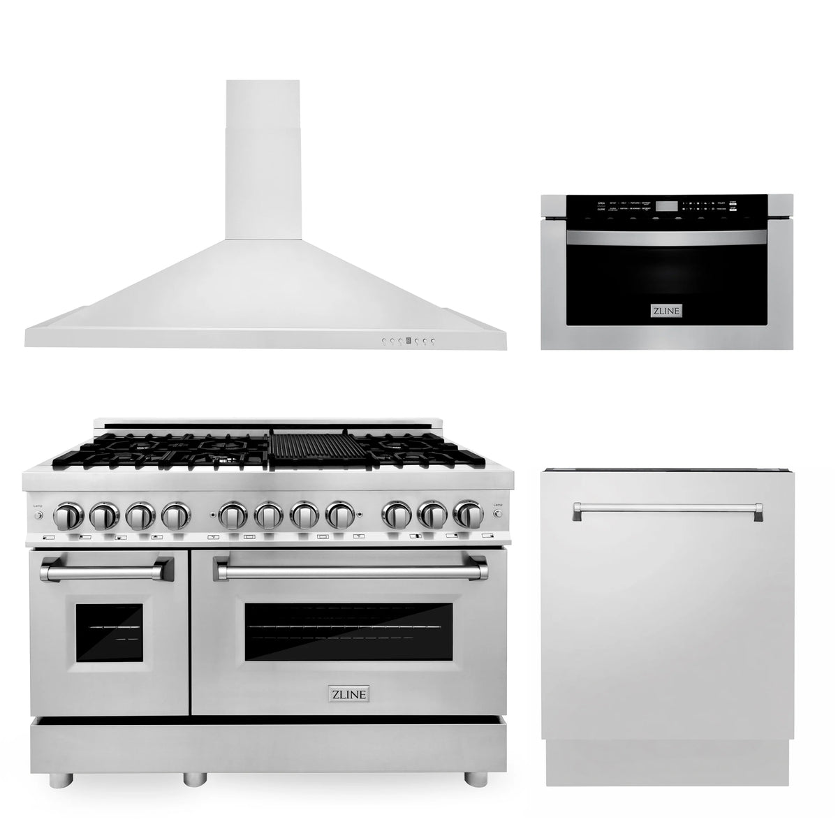 ZLINE - 48" Kitchen Package with Stainless Steel Dual Fuel Range, Range Hood, Microwave Drawer and Tall Tub Dishwasher