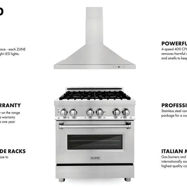 ZLINE - 30&quot; Kitchen Package with Stainless Steel Dual Fuel Range and Convertible Vent Range Hood (2KP-RARH30)