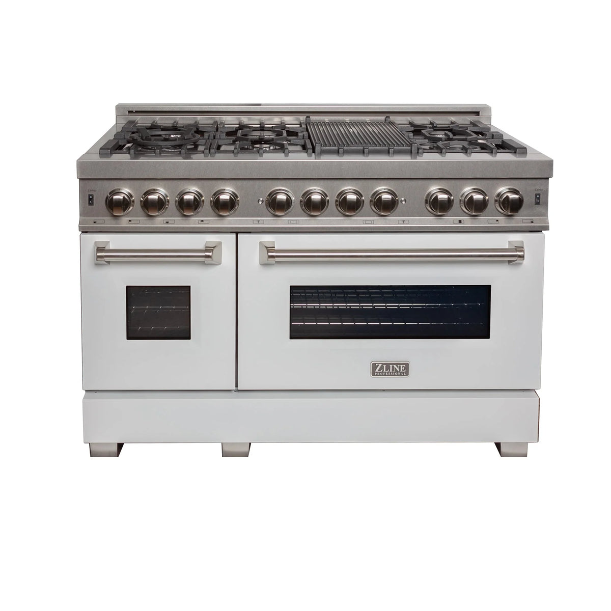 ZLINE - 48 in. Kitchen Package with Satin Stainless Steel Dual Fuel Range with White Matte Door and Convertible Vent Range Hood