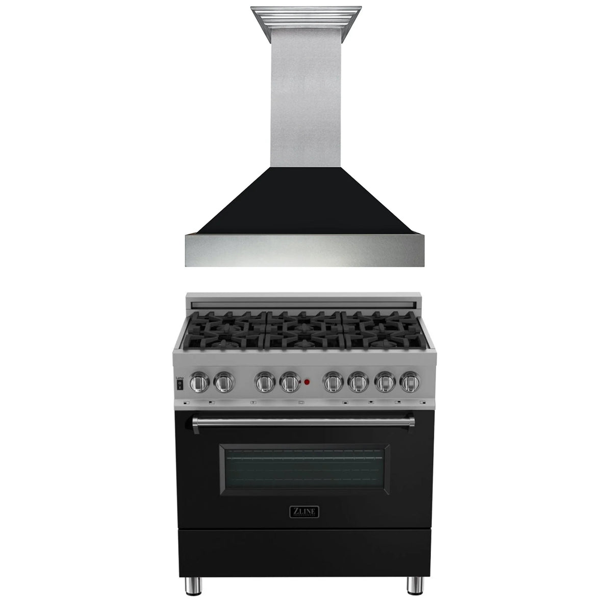 ZLINE - 36 in. Kitchen Package with Satin Stainless Steel Dual Fuel Range with Black Matte Door and Convertible Vent Range Hood