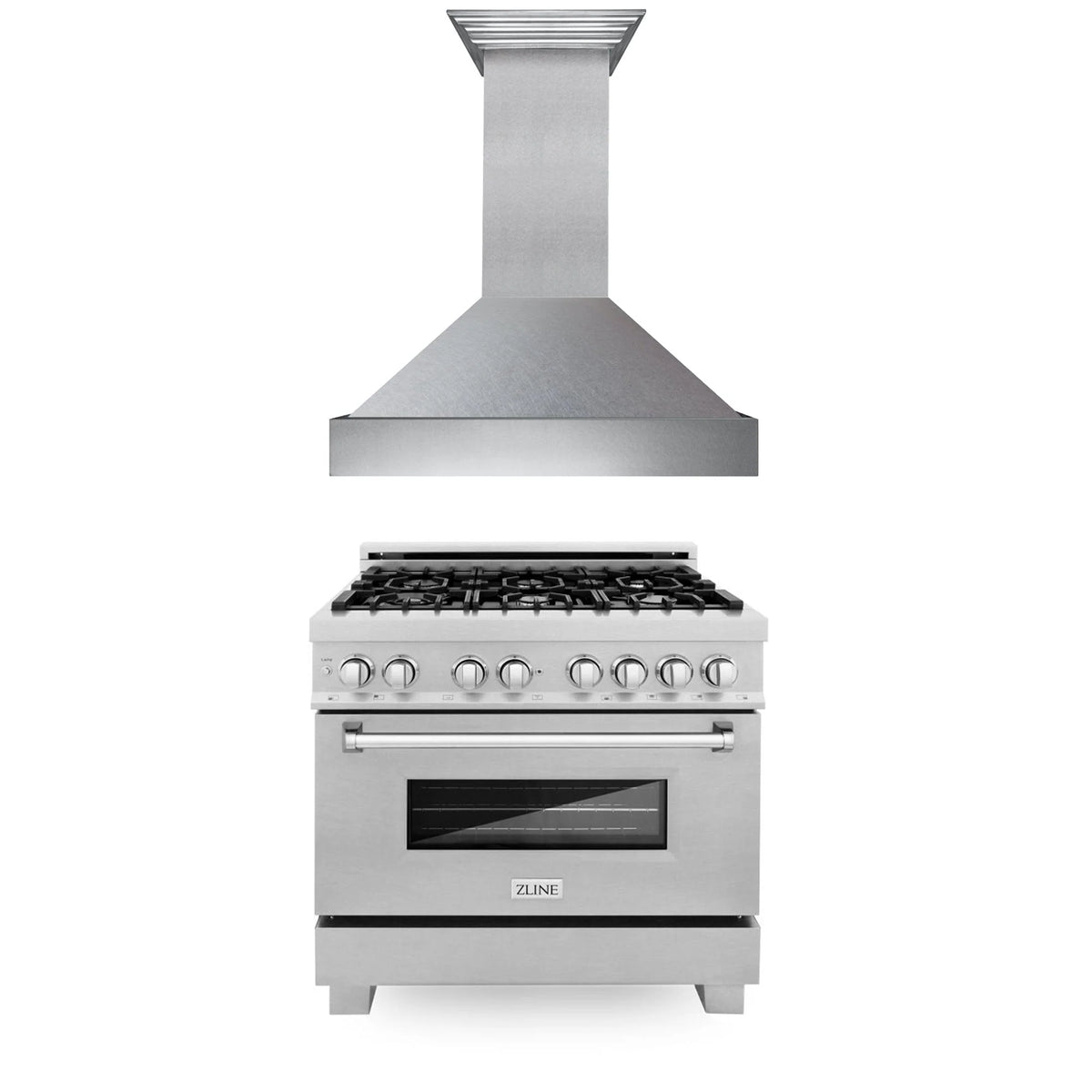 ZLINE - 36 in. Kitchen Package with Satin Stainless Steel Dual Fuel Range and Convertible Vent Range Hood