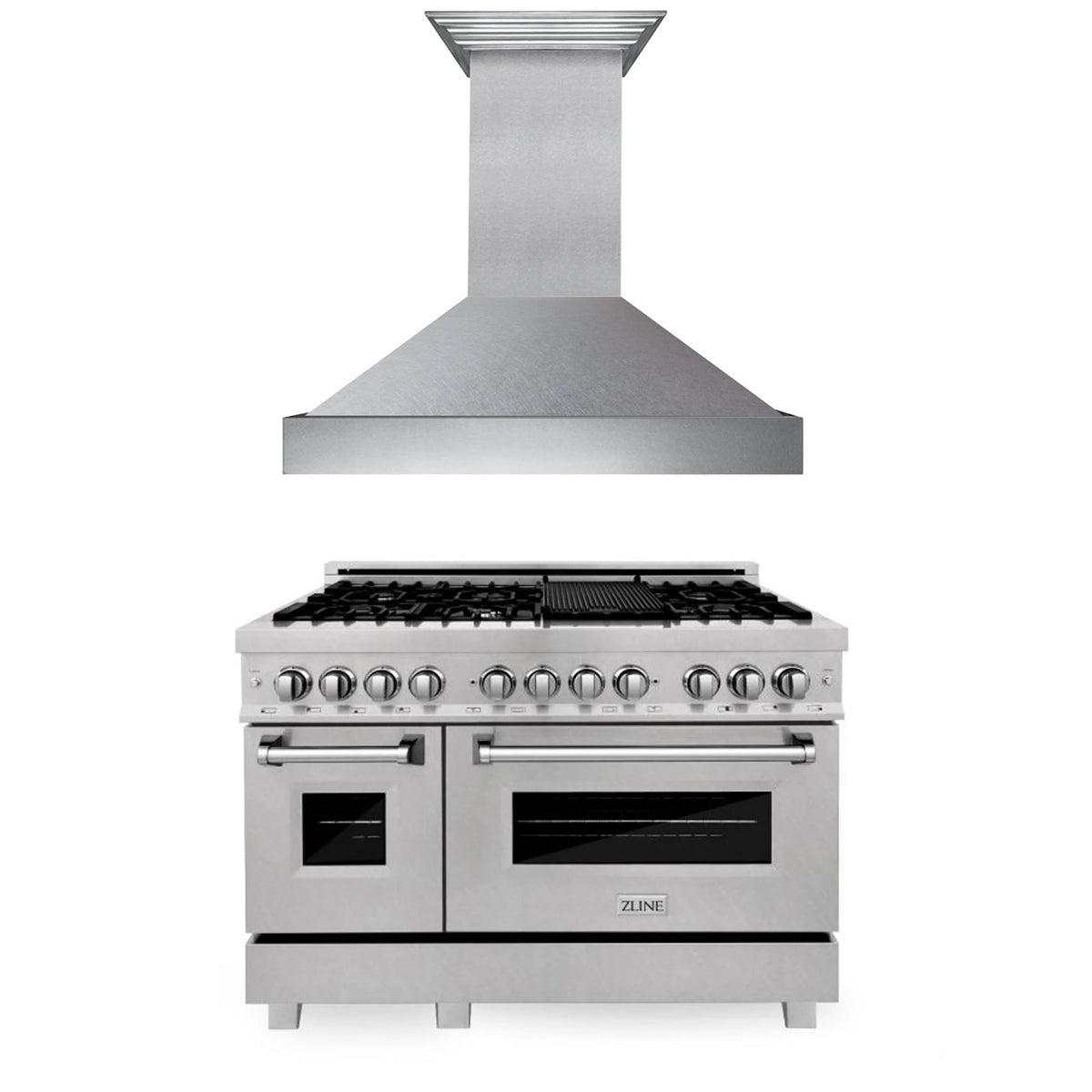 ZLINE - 48 in. Kitchen Package with Satin Stainless Steel Dual Fuel Range and Convertible Vent Range Hood