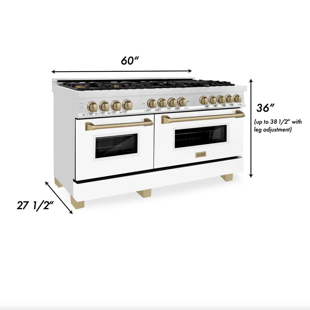 ZLINE - Autograph Edition 60 in. 7.4 cu. ft. Legacy Dual Fuel Range with 9 Burner Gas Cooktop and 2 Electric Convection Ovens in Stainless Steel with White Matte Doors and Champagne Bronze Accents