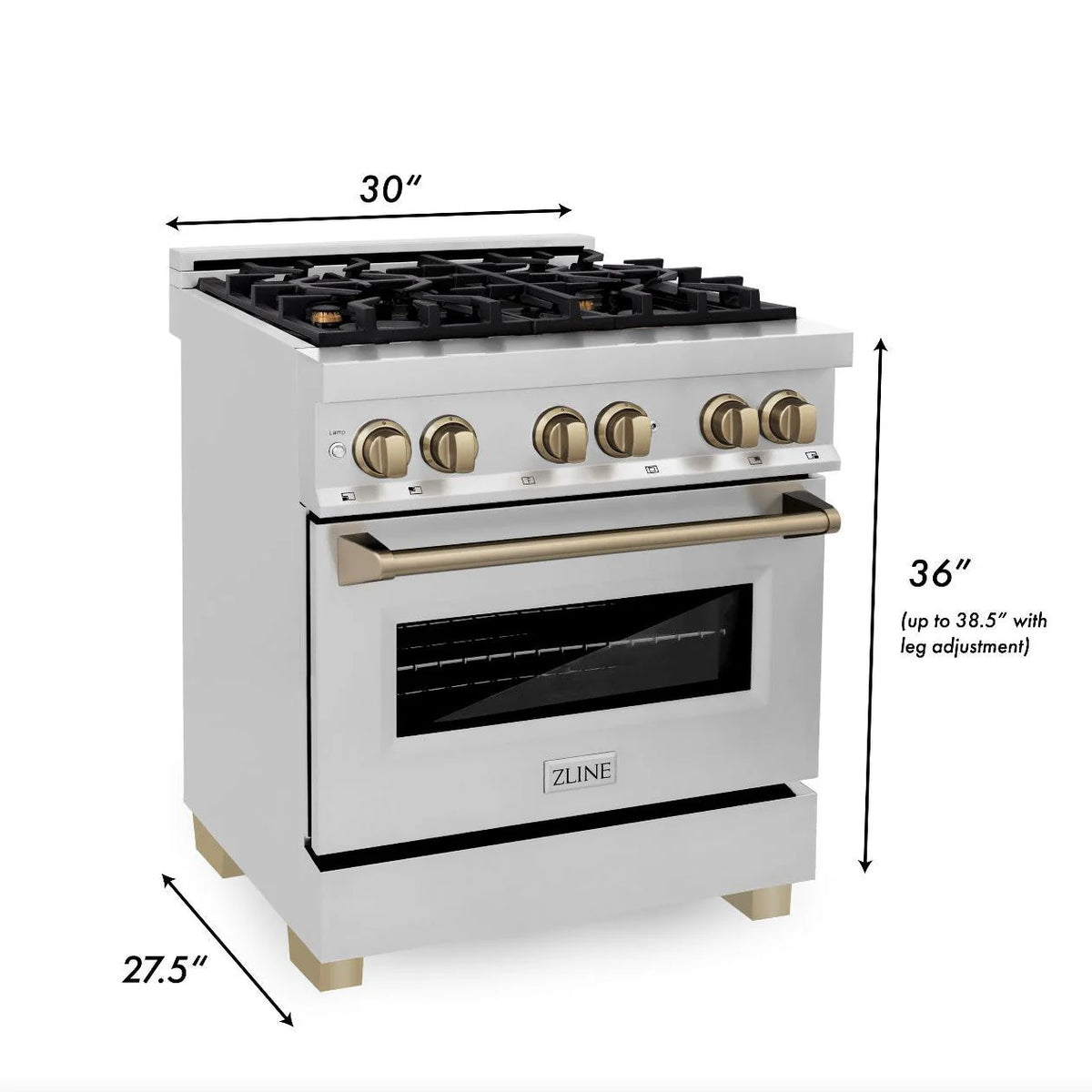 ZLINE - Autograph Edition 30 in. 4.0 cu. ft. Legacy Dual Fuel Range with 4 Burner Gas Cooktop and Electric Convection Oven in Stainless Steel and Champagne Bronze Accents