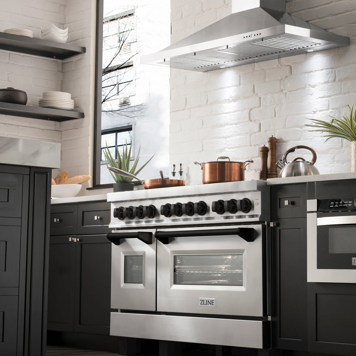 ZLINE - 48&quot; Autograph Edition Kitchen Package with Stainless Steel Dual Fuel Range, Range Hood, Dishwasher and Refrigeration with Matte Black Accents