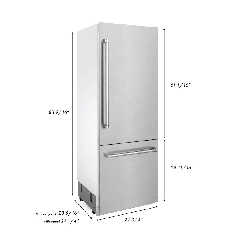 ZLINE 30&quot; 16.1 cu. ft. Built-In 2-Door Bottom Freezer Refrigerator, Internal Water, Ice Dispenser in Fingerprint Resistant Stainless Steel