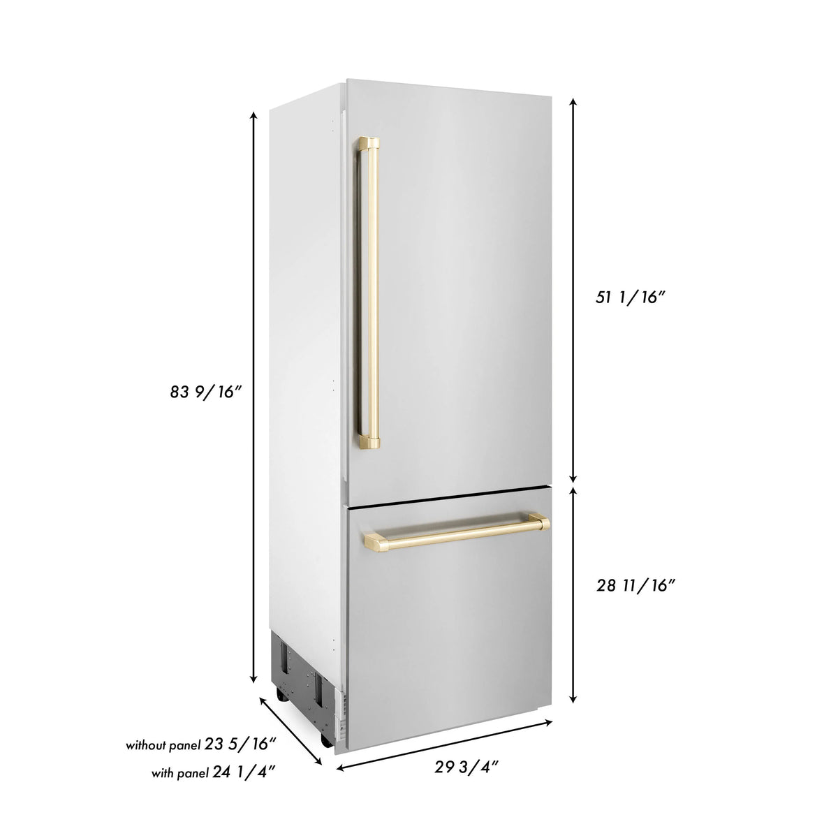 ZLINE 30” Autograph Edition 16.1 cu. ft.  2-Door Bottom Freezer Refrigerator, Internal Water, Ice Dispenser in Stainless Steel, Gold Accents